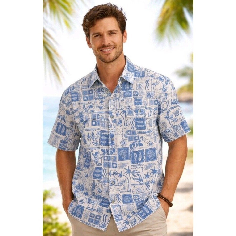 April Kiss Blouse Boxy Button Size XL Blue Sea Shells/Fish Print Linen Blend